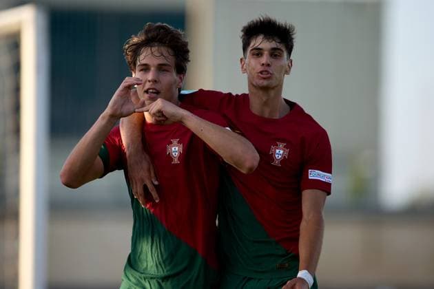 TA™QALI, MALTA JULY 6: Portugal Under-19 national soccer team player Gustavo Sa (L) reacts in celebration after scoring during the UEFA European Under-19 Championship 2022 23 Group A match between Portugal and Italy at the Centenary Stadium on July 6, 2023, in Ta™ Qali, Malta. UEFA European Under-19 Championship 2022 23 Final Tournament in Malta UEFA_U19_2023