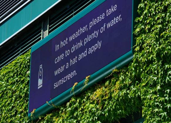Mandatory Credit: Photo by Javier Garcia Shutterstock (13995928l) Hot weather sign Wimbledon Tennis Championships, Day 5, The All England Lawn Tennis and Croquet Club, London, UK - 07 Jul 2023 Wimbledon Tennis Championships, Day 5, The All England Lawn Tennis and Croquet Club, London, UK - 07 Jul 2023  Copyright: xJavierxGarcia Shutterstockx 13995928l