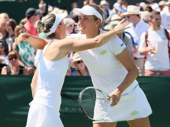 Australian Storm Hunter and Belgian Elise Mertens pictured during a doubles tennis match between Belgian-Australian pair Mertens-Hunter and Ukrainian-Polish pair Kichenok-Rosolska, in round 1 of the women s doubles at the 2023 Wimbledon grand slam tennis tournament at the All England Tennis Club, in south-west London, Britain, Friday 07 July 2023. BENOITxDOPPAGNE  x70235370x
