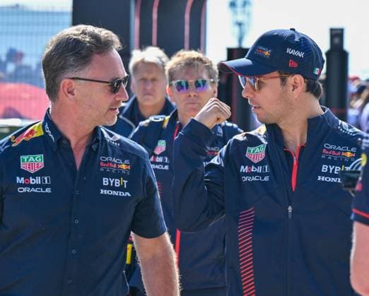 Formula 1 Lenovo British Grand Prix Red Bull Team Principle Christian Horner and Driver Sergio Perez arrive in the Paddock on practice day during the Formula 1 Aramco British Grand Prix at Silverstone, Towcester, Northamptonshire, UK on July 07 2023. Lee Floyd, Credit:Lee Floyd Avalon UK, Northamptonshire, Towcester, Silverstone  Copyright: xLeexFloydx xAvalonx 0787697193
