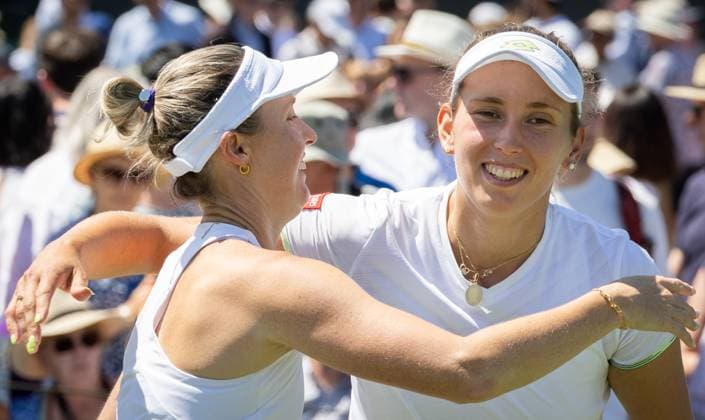 Australian Storm Hunter and Belgian Elise Mertens celebrate after winning a doubles tennis match between Belgian-Australian pair Mertens-Hunter and Ukrainian-Polish pair Kichenok-Rosolska, in round 1 of the women s doubles at the 2023 Wimbledon grand slam tennis tournament at the All England Tennis Club, in south-west London, Britain, Friday 07 July 2023. BENOITxDOPPAGNE  x70246468x