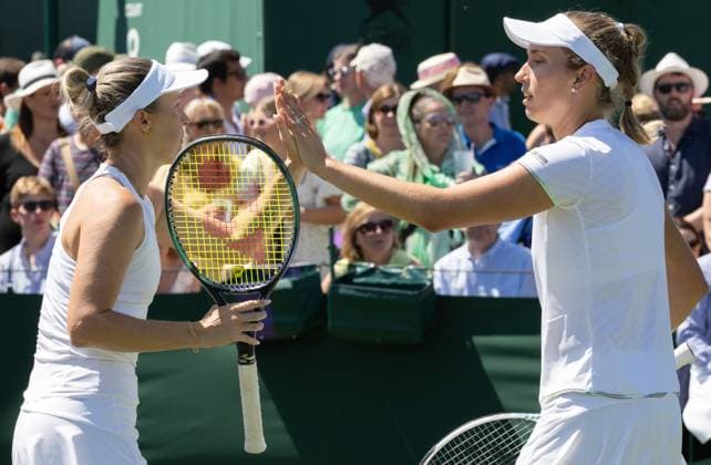 Australian Storm Hunter and Belgian Elise Mertens celebrate after winning a doubles tennis match between Belgian-Australian pair Mertens-Hunter and Ukrainian-Polish pair Kichenok-Rosolska, in round 1 of the women s doubles at the 2023 Wimbledon grand slam tennis tournament at the All England Tennis Club, in south-west London, Britain, Friday 07 July 2023. BENOITxDOPPAGNE  x70246500x