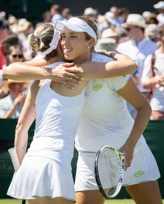 Australian Storm Hunter and Belgian Elise Mertens celebrate after winning a doubles tennis match between Belgian-Australian pair Mertens-Hunter and Ukrainian-Polish pair Kichenok-Rosolska, in round 1 of the women s doubles at the 2023 Wimbledon grand slam tennis tournament at the All England Tennis Club, in south-west London, Britain, Friday 07 July 2023. BENOITxDOPPAGNE  x70246516x