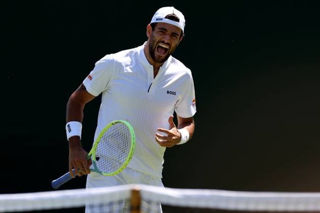 7th July 2023; All England Lawn Tennis and Croquet Club, London, England: Wimbledon Tennis Tournament; Matteo Berrettini celebrates as the first set against Alex De Minaur  ActionPlus12527910 ShaunxBrooks