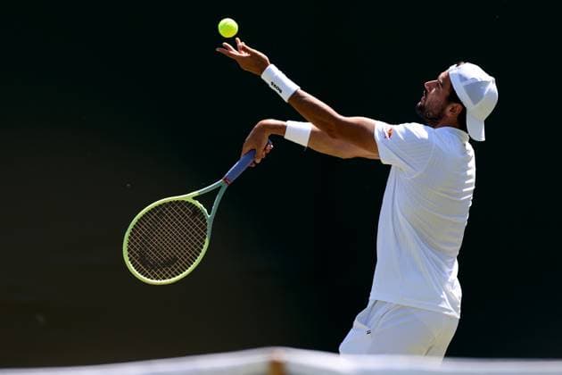 7th July 2023; All England Lawn Tennis and Croquet Club, London, England: Wimbledon Tennis Tournament; Matteo Berrettini serves to Alex De Minaur  ActionPlus12527911 ShaunxBrooks