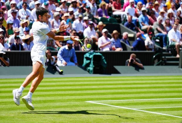 Mandatory Credit: Photo by Javier Garcia Shutterstock (13995928ao) Carlos Alcaraz during his second round match Wimbledon Tennis Championships, Day 5, The All England Lawn Tennis and Croquet Club, London, UK - 07 Jul 2023 Wimbledon Tennis Championships, Day 5, The All England Lawn Tennis and Croquet Club, London, UK - 07 Jul 2023  Copyright: xJavierxGarcia Shutterstockx 13995928ao