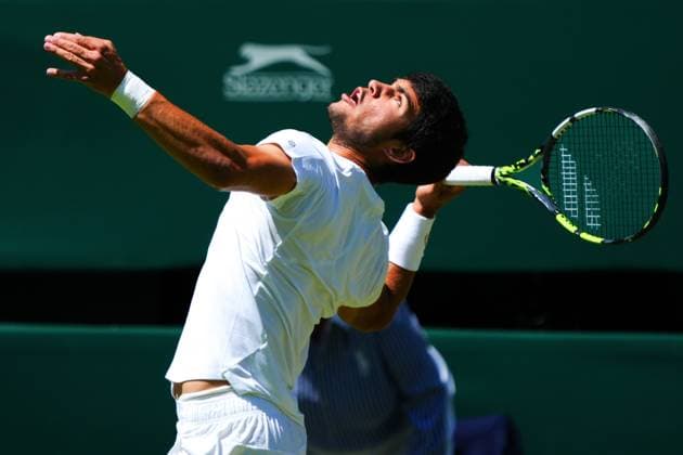 Mandatory Credit: Photo by Javier Garcia Shutterstock (13995928ap) Carlos Alcaraz during his second round match Wimbledon Tennis Championships, Day 5, The All England Lawn Tennis and Croquet Club, London, UK - 07 Jul 2023 Wimbledon Tennis Championships, Day 5, The All England Lawn Tennis and Croquet Club, London, UK - 07 Jul 2023  Copyright: xJavierxGarcia Shutterstockx 13995928ap