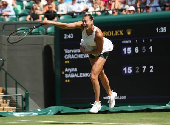 Belarussian Arnya Sabalenka serves in her second round match against France s Varvara Gracheva on day five of the 2023 Wimbledon championships in London on Friday, July 07, 2023.  LON2023070736 HUGOxPHILPOTT