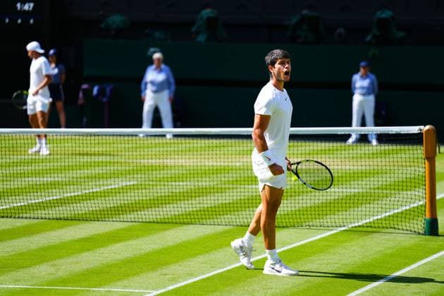 Mandatory Credit: Photo by Javier Garcia Shutterstock (13995928co) Carlos Alcaraz celebrates winning the second set during his second round match Wimbledon Tennis Championships, Day 5, The All England Lawn Tennis and Croquet Club, London, UK - 07 Jul 2023 Wimbledon Tennis Championships, Day 5, The All England Lawn Tennis and Croquet Club, London, UK - 07 Jul 2023  Copyright: xJavierxGarcia Shutterstockx 13995928co