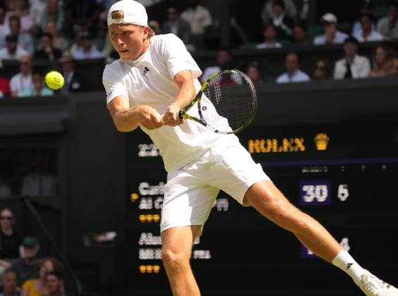 Tennis - 2023 Wimbledon Championships - Week One - Day Five - All England lawn Tennis & Racquet Club, Wimbledon - Friday 7th Mens singles - Carlos Alcaraz (ESP) v Alexandre Muller (FRA) Alexandre Muller (FRA) 
