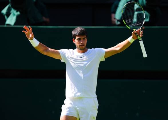 Mandatory Credit: Photo by Javier Garcia Shutterstock (13995928df) Carlos Alcaraz celebrates victory in his second round match Wimbledon Tennis Championships, Day 5, The All England Lawn Tennis and Croquet Club, London, UK - 07 Jul 2023 Wimbledon Tennis Championships, Day 5, The All England Lawn Tennis and Croquet Club, London, UK - 07 Jul 2023  Copyright: xJavierxGarcia Shutterstockx 13995928df