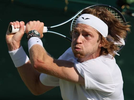 Russian Andrey Rublev (Andrej Roebljov) pictured in action during a tennis match between Belgian Goffin and Russian Rublev, in round three of the men s singles at the 2023 Wimbledon grand slam tennis tournament, at the All England Tennis Club, in south-west London, Britain. Due to the bad weather, play had to be suspended on Tuesday and Wednesday, and lots of matches had to be postponed. BENOITxDOPPAGNE  x70260019x