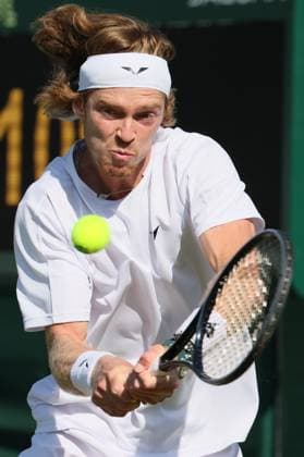 Russian Andrey Rublev (Andrej Roebljov) pictured in action during a tennis match between Belgian Goffin and Russian Rublev, in round three of the men s singles at the 2023 Wimbledon grand slam tennis tournament, at the All England Tennis Club, in south-west London, Britain. Due to the bad weather, play had to be suspended on Tuesday and Wednesday, and lots of matches had to be postponed. BENOITxDOPPAGNE  x70260040x