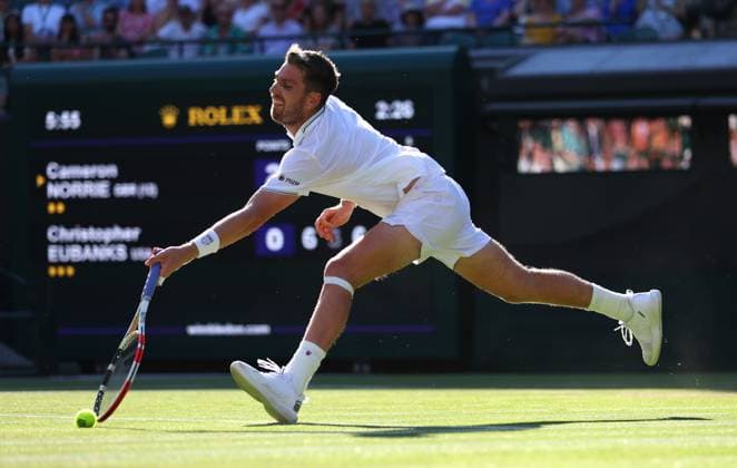 Mandatory Credit: Photo by Ella Ling Shutterstock (13995924cu) Cameron Norrie in action against Christopher Eubanks Wimbledon Tennis Championships, Day 5, The All England Lawn Tennis and Croquet Club, London, UK - 07 Jul 2023 Wimbledon Tennis Championships, Day 5, The All England Lawn Tennis and Croquet Club, London, UK - 07 Jul 2023  Copyright: xEllaxLing Shutterstockx 13995924cu