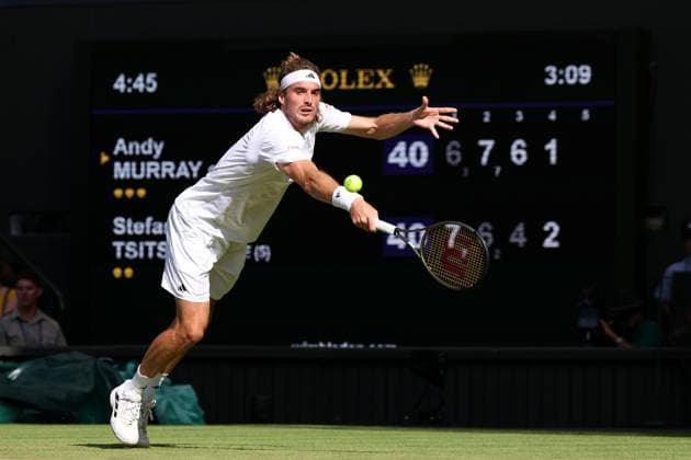 7th July 2023; All England Lawn Tennis and Croquet Club, London, England: Wimbledon Tennis Tournament; Stefanos Tsitsipas returns the serve of Andy Murray  ActionPlus12528091 ShaunxBrooks