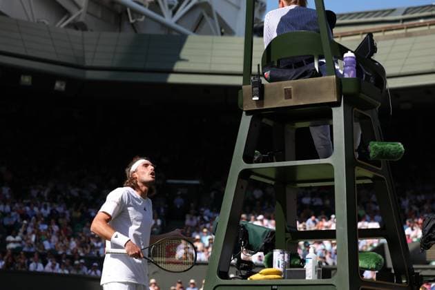 7th July 2023; All England Lawn Tennis and Croquet Club, London, England: Wimbledon Tennis Tournament; Stefanos Tsitsipas argues with the umpire during his match with Andy Murray  ActionPlus12528094 ShaunxBrooks