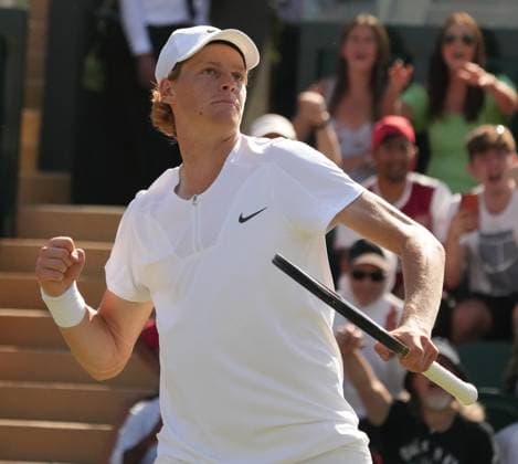 Tennis - 2023 Wimbledon Championships - Week One - Day Five - All England lawn Tennis & Racquet Club, Wimbledon - Friday 7th Mens singles - Yannick Sinner (ITA) v Quentin Halys (FRA) Yannick Sinner celebrates after match point 