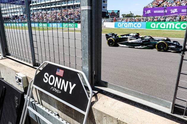 HAYES Sonny name on the pitwall of the fictional Apex APXGP team for the F1 movie by Apple Studios Bruckheimer Films, with 44 HAMILTON Lewis (gbr), Mercedes AMG F1 Team W14, action during the 2023 Formula 1 Aramco British Grand Prix, 10th round of the 2023 Formula One World Championship, WM, Weltmeisterschaft from July 7 to 9, 2023 on the Silverstone Circuit, in Silverstone, United Kingdom - F1 - BRITISH GRAND PRIX 2023 DPPI Panoramic  00123024_AV6_3097 