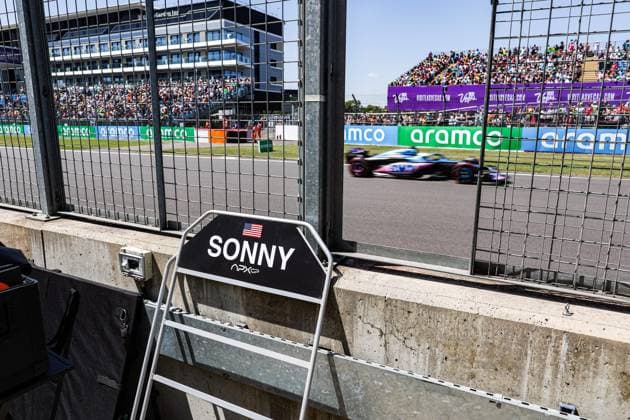 HAYES Sonny name on the pitwall of the fictional Apex APXGP team for the F1 movie by Apple Studios Bruckheimer Films, with 31 OCON Esteban (fra), Alpine F1 Team A523, action during the 2023 Formula 1 Aramco British Grand Prix, 10th round of the 2023 Formula One World Championship, WM, Weltmeisterschaft from July 7 to 9, 2023 on the Silverstone Circuit, in Silverstone, United Kingdom - F1 - BRITISH GRAND PRIX 2023 DPPI Panoramic  00123024_AV6_3109 