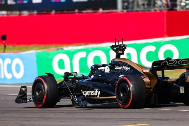 The modified F2 car prepared by Mercedes Applied Science and Carlin driven by the actor Brad Pitt playing HAYES Sonny, for the fictional Apex APXGP team in the F1 movie by Apple Studios Bruckheimer Films, action with onboard film cameras during the 2023 Formula 1 Aramco British Grand Prix, 10th round of the 2023 Formula One World Championship, WM, Weltmeisterschaft from July 7 to 9, 2023 on the Silverstone Circuit, in Silverstone, United Kingdom - F1 - BRITISH GRAND PRIX 2023 DPPI Panoramic  00123024_AV3_4040 