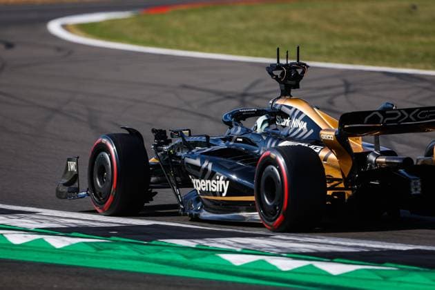The modified F2 car prepared by Mercedes Applied Science and Carlin driven by the actor Brad Pitt playing HAYES Sonny, for the fictional Apex APXGP team in the F1 movie by Apple Studios Bruckheimer Films, action with onboard film cameras during the 2023 Formula 1 Aramco British Grand Prix, 10th round of the 2023 Formula One World Championship, WM, Weltmeisterschaft from July 7 to 9, 2023 on the Silverstone Circuit, in Silverstone, United Kingdom - F1 - BRITISH GRAND PRIX 2023 DPPI Panoramic  00123024_AV3_4104 