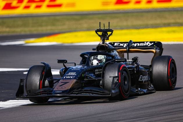 The modified F2 car prepared by Mercedes Applied Science and Carlin driven by the actor Brad Pitt playing HAYES Sonny, for the fictional Apex APXGP team in the F1 movie by Apple Studios Bruckheimer Films, action with onboard film cameras during the 2023 Formula 1 Aramco British Grand Prix, 10th round of the 2023 Formula One World Championship, WM, Weltmeisterschaft from July 7 to 9, 2023 on the Silverstone Circuit, in Silverstone, United Kingdom - F1 - BRITISH GRAND PRIX 2023 DPPI Panoramic  00123024_AV3_4124 