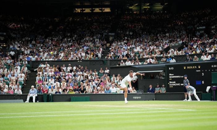 Mandatory Credit: Photo by Dave Shopland Shutterstock (13995926ai) Stan Wawrinka in action against Novak Djokovic infront of a large crowd on centre court despite a late Friday evening finish Wimbledon Tennis Championships, Day 5, The All England Lawn Tennis and Croquet Club, London, UK - 07 Jul 2023 Wimbledon Tennis Championships, Day 5, The All England Lawn Tennis and Croquet Club, London, UK - 07 Jul 2023  Copyright: xDavexShopland Shutterstockx 13995926ai