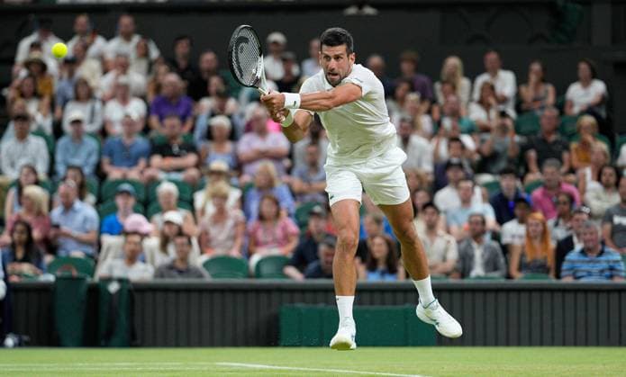 Mandatory Credit: Photo by Dave Shopland Shutterstock (13995926at) Novak Djokovic in action against Stan Wawrinka Wimbledon Tennis Championships, Day 5, The All England Lawn Tennis and Croquet Club, London, UK - 07 Jul 2023 Wimbledon Tennis Championships, Day 5, The All England Lawn Tennis and Croquet Club, London, UK - 07 Jul 2023  Copyright: xDavexShopland Shutterstockx 13995926at