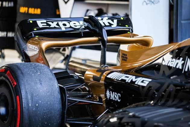 rear wing, mechanical detail of the modified F2 car prepared by Mercedes Applied Science and Carlin for the fictional Apex APXGP team in the F1 movie by Apple Studios Bruckheimer Films, action during the 2023 Formula 1 Aramco British Grand Prix, 10th round of the 2023 Formula One World Championship, WM, Weltmeisterschaft from July 7 to 9, 2023 on the Silverstone Circuit, in Silverstone, United Kingdom - F1 - BRITISH GRAND PRIX 2023 DPPI Panoramic  03323013_AV3_2162 