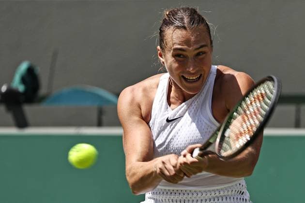Aryna Sabalenka, BLR, during rain delayed second round of 2023 All England Lawn Tennis Championships at Wimbledon, womens singles, London, 07 07 2023