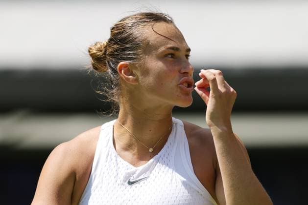Aryna Sabalenka, BLR, during rain delayed second round of 2023 All England Lawn Tennis Championships at Wimbledon, womens singles, London, 07 07 2023