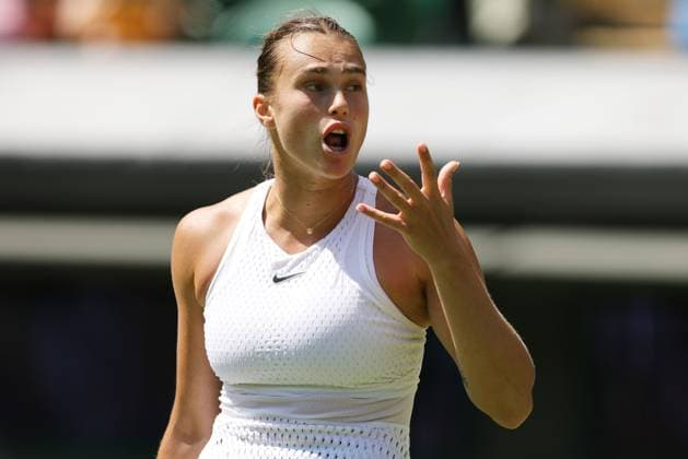 Aryna Sabalenka, BLR, during rain delayed second round of 2023 All England Lawn Tennis Championships at Wimbledon, womens singles, London, 07 07 2023