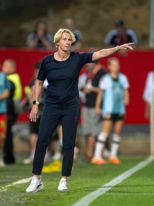 07 07 2023, football women, test international match, Germany Zambia, at Sportpark Ronhof Thomas Sommer in Fürth, coach Martina Voss Tecklenburg Germany gives instructions DFL and DFB regulations prohibit any use of photographs as image sequences and or quasi video