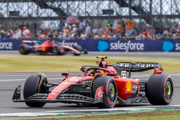 8th July 2023: Silverstone Circuit, Northamptonshire, England: Formula 1 2023 Aramco British F1 Grand Prix: Qualifying Day; Carlos Sainz in his Scuderia Ferrari Ferrari SF-23 ahead of Charles Leclerc in his Scuderia Ferrari Ferrari SF-23  ActionPlus12528554 TimxWilliams