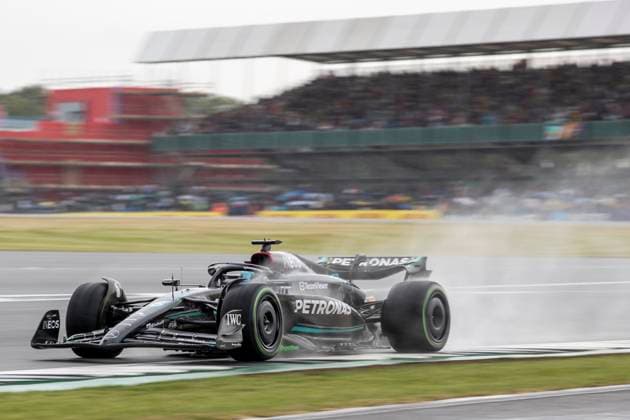 8th July 2023: Silverstone Circuit, Northamptonshire, England: Formula 1 2023 Aramco British F1 Grand Prix: Qualifying Day; George Russell in his Mercedes-AMG Petronas F1 Team Mercedes F1 W14 during a wet FP3  ActionPlus12528574 TimxWilliams