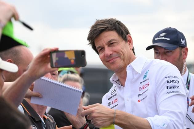 8th July 2023: Silverstone Circuit, Northamptonshire, England: Formula 1 2023 Aramco British F1 Grand Prix: Qualifying Day; Toto Wolff team chief for Mercedes poses for selfies and signs autographs on arrival at Silverstone  ActionPlus12528581 SimonxWest