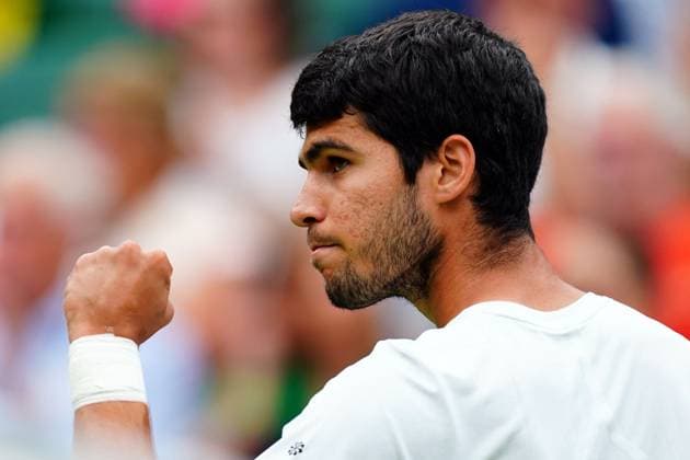Mandatory Credit: Photo by Javier Garcia Shutterstock (14001532at) Carlos Alcaraz celebrates during his third round match Wimbledon Tennis Championships, Day 6, The All England Lawn Tennis and Croquet Club, London, UK - 08 Jul 2023 Wimbledon Tennis Championships, Day 6, The All England Lawn Tennis and Croquet Club, London, UK - 08 Jul 2023  Copyright: xJavierxGarcia Shutterstockx 14001532at