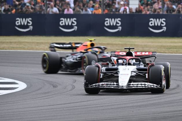 8th July 2023: Silverstone Circuit, Northamptonshire, England: Formula 1 2023 Aramco British F1 Grand Prix: Qualifying Day; Nyck de Vries of the AlphaTauri-Red Bull team followed by Sergio Perez of the Red Bull Racing team during the third practice session  ActionPlus12528606 SimonxWest
