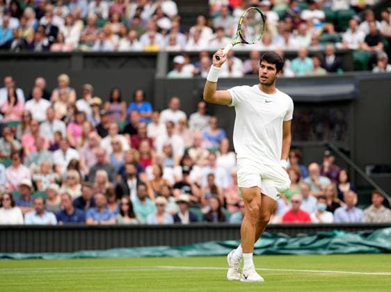 Mandatory Credit: Photo by Dave Shopland Shutterstock (14001531au) Carlos Alcaraz during his third round match Wimbledon Tennis Championships, Day 6, The All England Lawn Tennis and Croquet Club, London, UK - 08 Jul 2023 Wimbledon Tennis Championships, Day 6, The All England Lawn Tennis and Croquet Club, London, UK - 08 Jul 2023  Copyright: xDavexShopland Shutterstockx 14001531au