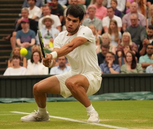 Tennis - 2023 Wimbledon Championships - Week One - Day Six - All England lawn Tennis & Racquet Club, Wimbledon - Saturday 8th Mens Singles- Carlo Alcaraz (ESP) v Nicolas Jarry (CHI) Carlo Alcaraz (ESP) 