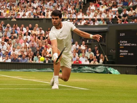 Tennis - 2023 Wimbledon Championships - Week One - Day Six - All England lawn Tennis & Racquet Club, Wimbledon - Saturday 8th Mens Singles- Carlo Alcaraz (ESP) v Nicolas Jarry (CHI) Carlo Alcaraz (ESP) 