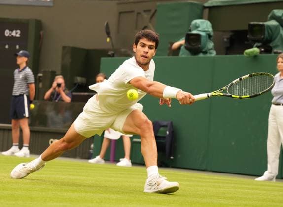 Tennis - 2023 Wimbledon Championships - Week One - Day Six - All England lawn Tennis & Racquet Club, Wimbledon - Saturday 8th Mens Singles- Carlo Alcaraz (ESP) v Nicolas Jarry (CHI) Carlo Alcaraz (ESP) 
