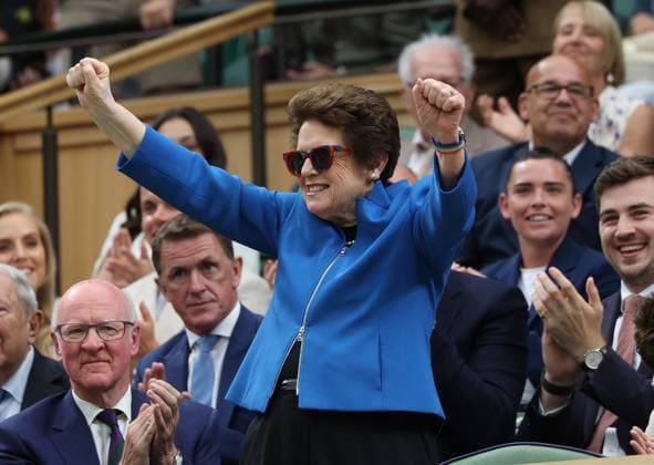 American tennis legend Billie Jean King receives applause on centre court on day six of the 2023 Wimbledon championships in London on Saturday, July 08, 2023.  LON2023070808 HUGOxPHILPOTT