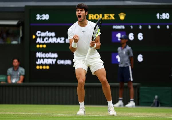 Mandatory Credit: Photo by Ella Ling Shutterstock (14001529o) Carlos Alcaraz during his third round match Wimbledon Tennis Championships, Day 6, The All England Lawn Tennis and Croquet Club, London, UK - 08 Jul 2023 Wimbledon Tennis Championships, Day 6, The All England Lawn Tennis and Croquet Club, London, UK - 08 Jul 2023  Copyright: xEllaxLing Shutterstockx 14001529o