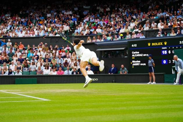 Mandatory Credit: Photo by Javier Garcia Shutterstock (14001532dv) Carlos Alcaraz during his third round match Wimbledon Tennis Championships, Day 6, The All England Lawn Tennis and Croquet Club, London, UK - 08 Jul 2023 Wimbledon Tennis Championships, Day 6, The All England Lawn Tennis and Croquet Club, London, UK - 08 Jul 2023  Copyright: xJavierxGarcia Shutterstockx 14001532dv