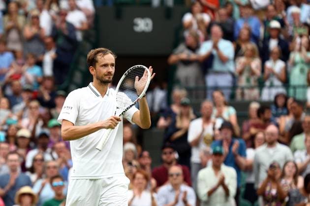 Mandatory Credit: Photo by Simon Dael Shutterstock (14001530cp) Daniil Medvedev celebrates winning his third round match Wimbledon Tennis Championships, Day 6, The All England Lawn Tennis and Croquet Club, London, UK - 08 Jul 2023 Wimbledon Tennis Championships, Day 6, The All England Lawn Tennis and Croquet Club, London, UK - 08 Jul 2023  Copyright: xSimonxDael Shutterstockx 14001530cp
