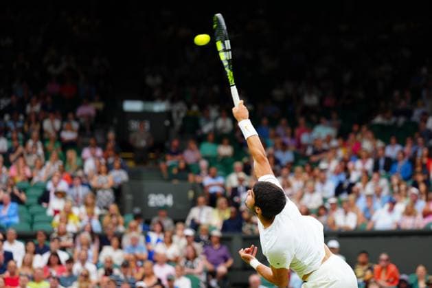 Mandatory Credit: Photo by Javier Garcia Shutterstock (14001532dy) Carlos Alcaraz during his third round match Wimbledon Tennis Championships, Day 6, The All England Lawn Tennis and Croquet Club, London, UK - 08 Jul 2023 Wimbledon Tennis Championships, Day 6, The All England Lawn Tennis and Croquet Club, London, UK - 08 Jul 2023  Copyright: xJavierxGarcia Shutterstockx 14001532dy
