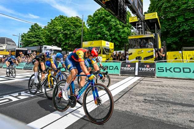 Tour de France 2023 - Stage 08 LIMOGES, FRANCE - JULY 08 : Pedersen Mads (DEN) of Lidl - Trek in the final sprint during stage 8 of the 110th edition of the Tour de France 2023 cycling race, a stage of 201 kms with start in Libourne and finish in Limoges on July 08, 2023 in Limoges, France, 08 07 2023 ( Motordriver Kenny Verfaillie - Limoges France  Copyright: xVincentxKalutx