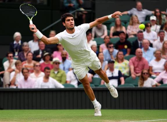 Mandatory Credit: Photo by Ella Ling Shutterstock (14001529aj) Carlos Alcaraz during his third round match Wimbledon Tennis Championships, Day 6, The All England Lawn Tennis and Croquet Club, London, UK - 08 Jul 2023 Wimbledon Tennis Championships, Day 6, The All England Lawn Tennis and Croquet Club, London, UK - 08 Jul 2023  Copyright: xEllaxLing Shutterstockx 14001529aj