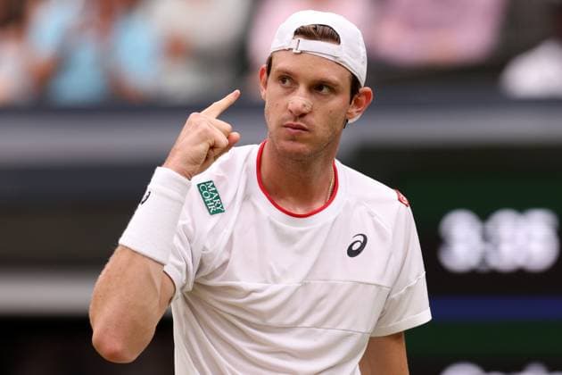 8th July 2023; All England Lawn Tennis and Croquet Club, London, England: Wimbledon Tennis Tournament; Nicolas Jerry celebrates a point in the tie break during his match with Carlos Alcaraz  ActionPlus12528668 ShaunxBrooks